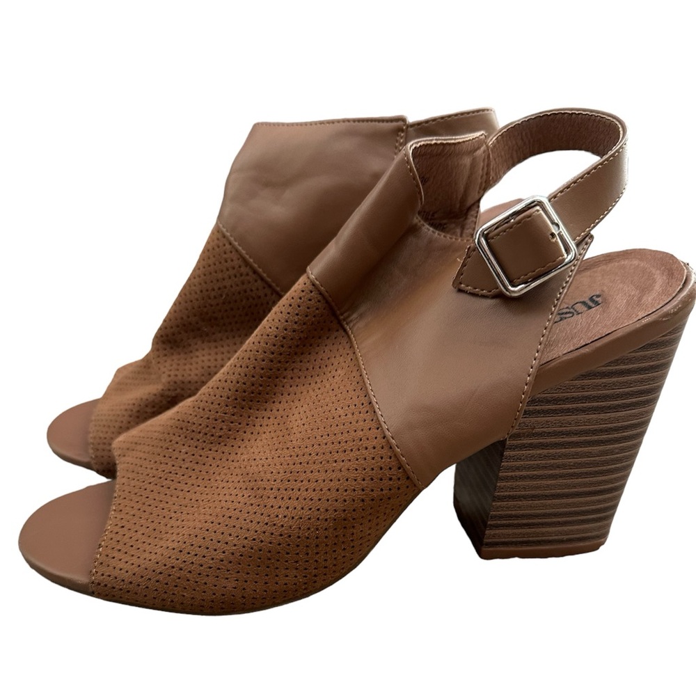 JustFab Rellia Peep Toe Slingback Block Heel Sandal 8.5 Taupe